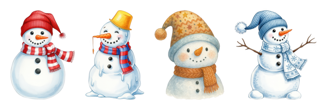 Christmas snowman set including four different designs with various hats and scarves isolated. Festive winter holiday collection.