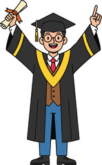 Cartoon graduate character, black gown, academic cap, holding diploma, pointing upward, smiling student, graduation ceremony, academic achievement, education theme, vector illustration art design