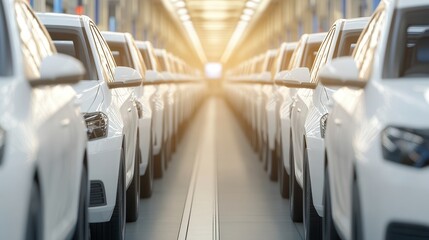 Obraz premium A row of white cars in a modern automotive assembly line, showcasing a high-tech manufacturing process, This image is ideal for articles on automotive industry trends, manufacturing, or car sales,