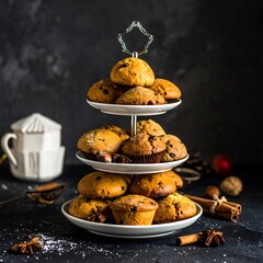 Three-tiered display of freshly baked muffins with spices