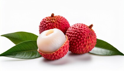 Fresh Lychee Fruit With Leaves And Peeled Flesh On White Background