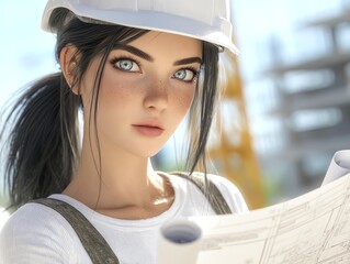 A confident young woman wearing a hard hat reviews blueprints at a construction site, representing modern engineering.
