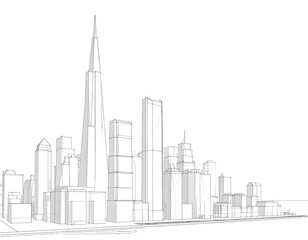 Architectural line drawing of a city skyline