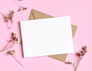 Blank card with dry flower on pastel background