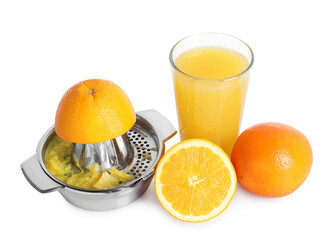 Freshly squeezed orange juice, fruits and juicer isolated on white