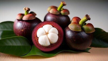 Exotic Mangosteen Fruit A Stunning Capture Of Several Ripe Mangosteens One Bisected To Reveal Its Succulent White Flesh Complemented By A Vibrant Green Leaf And A Fresh Visual Display