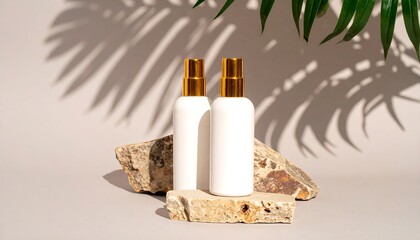 Two elegant spray bottles on a natural stone display