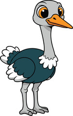 Cartoon ostrich with big orange eyes and long neck, friendly bird vector illustration, cute animal design for kids, education and wildlife themes