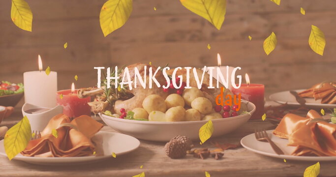 Fototapeta Image of thanksgiving day text over turkey dinner and autumn leaves background