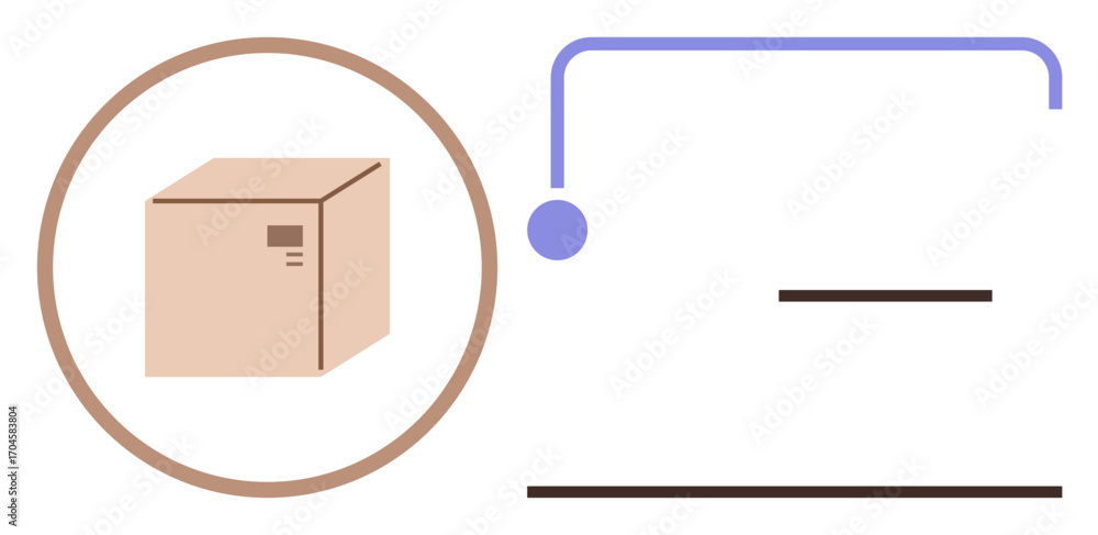 Fototapete cardboard box inside circle linked to abstract flow diagram with lines and a dot. ideal for logistic
