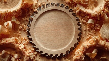 Light brown wooden disc with saw blade surrounded by wood shavings.