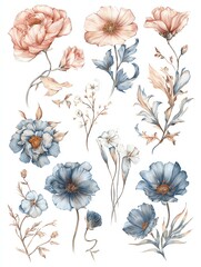Elegant botanical watercolor floral illustration featuring soft pastel petals and delicate leaves, perfect for art, design, decor, and creative projects
