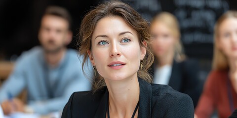 A focused woman engages with colleagues during a corporate meeting, showcasing determination and professionalism.