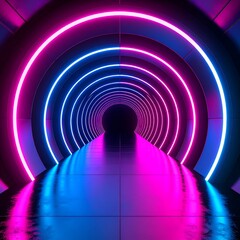 Neon tunnel with concentric circles of pink and blue light