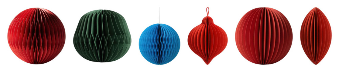 Paper honeycomb decoration set including red, green, and blue oval, teardrop, and hanging sphere shapes isolated. Seasonal, celebration, and home decor collection.
