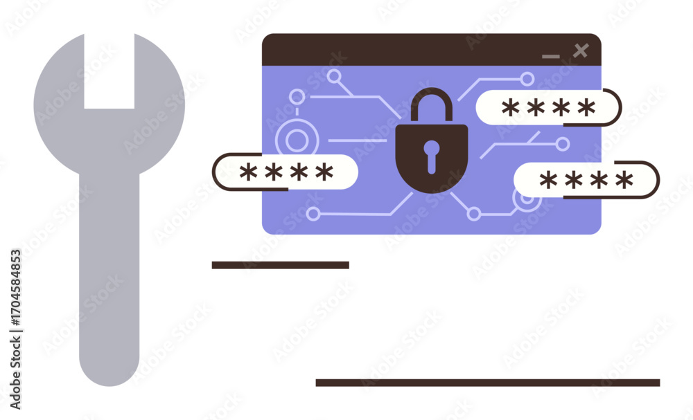 Aufkleber lock on security window with password fields and circuit design beside a spanner. ideal for cybersec