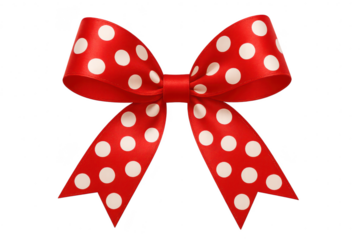 Festive red polka dot gift bow isolated on transparent background, vibrant
