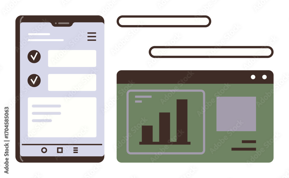 Poster smartphone with checklist and desktop screen featuring bar chart analytics. ideal for productivity, 