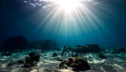 Underwater sunbeams on coral reef