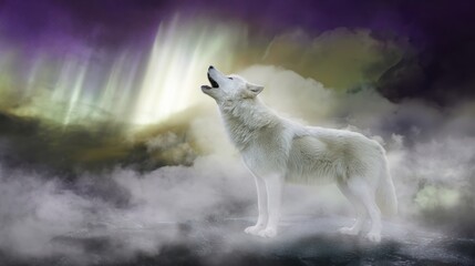 Arctic wolf howling at northern lights
