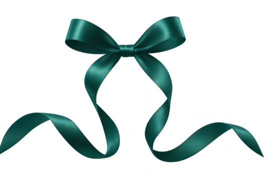 Elegant dark teal satin gift bow with flowing ribbons, isolated on transparent background