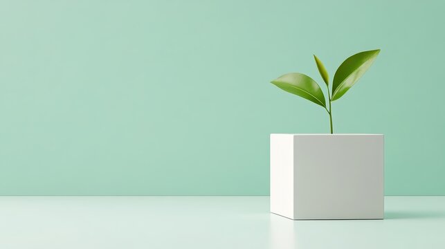 Fototapeta A minimalistic plant in a white pot against a soft mint background, symbolizing growth and tranquility, Ideal for wellness, home decor, or environmental themes in marketing materials,
