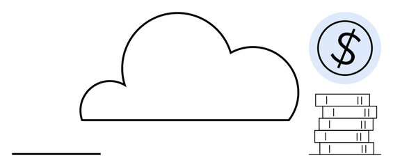 Cloud outline beside dollar coin and stack of money suggesting cost efficiency, online service, profit. Ideal for technology, finance, computing, digital infrastructure, savings, investment simple
