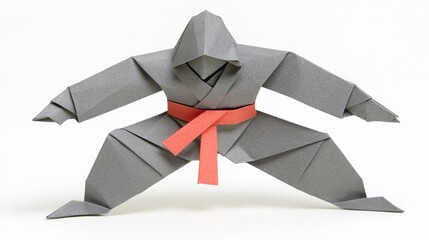 A striking origami figure dressed as a ninja showcases masterful craftsmanship in paper folding, This can be used in art, tutorials, or educational content about traditional origami techniques,