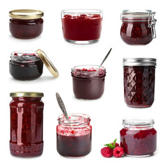 Different jams in jars isolated on white, set
