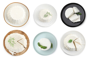 Delicious ricotta cheese isolated on white, set. Top view