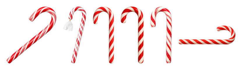 Red and white striped candy cane set including whole, curved, segment, and textured pieces isolated. Christmas holiday sweets and festive treat collection.