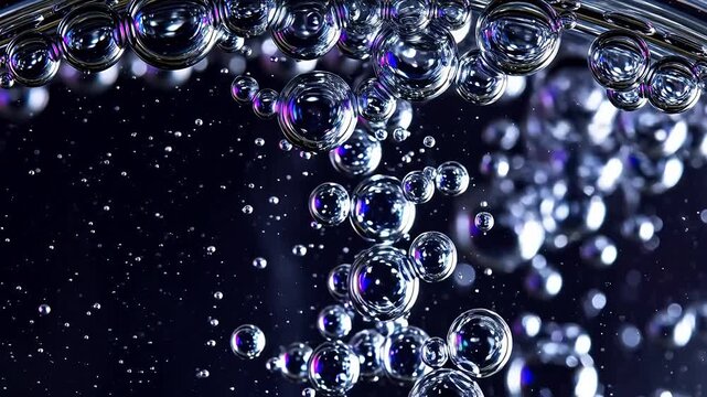 Abstract macro photography of carbonated water bubbles creating a sparkling effervescent texture against a dark background