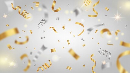 Celebration background with gold and silver confetti flying. golden christmas background with stars