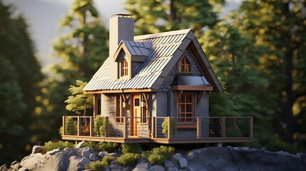 Enchanting woodland cabin perched atop a rocky outcrop amidst lush greenery creates a tranquil