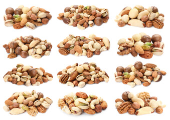 Nuts mix in heaps isolated on white, set