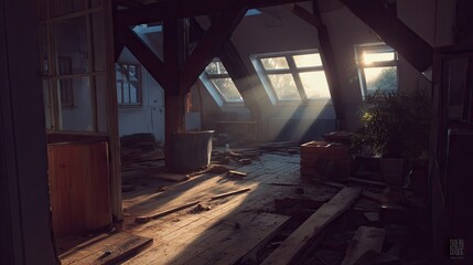 Sunbeams illuminating a dilapidated attic space.