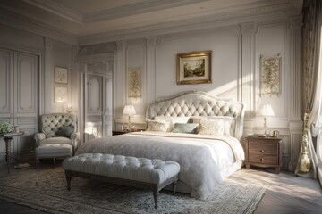 Timeless Elegance - Sunlit Classical Bedroom with Tufted Headboard and Boiserie Walls.