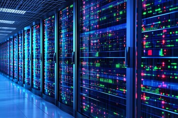 Inside a server room, several server racks glow with colorful light indicators