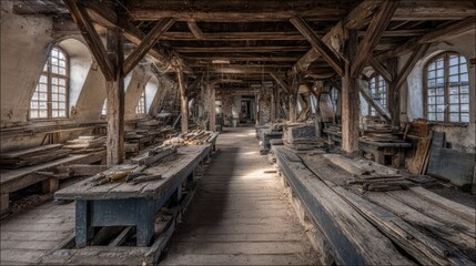 An abandoned, weathered workshop with aged wooden beams and tables.