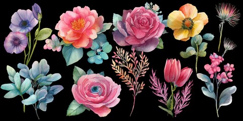 Fototapeta premium Beautiful floral arrangement featuring vibrant pink, blue, yellow, and red flowers with lush green leaves, perfect for home decor, events, or floral art