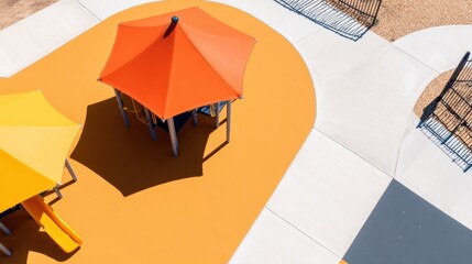 Colorful playground with orange and yellow structures on bright pavement, inviting children to play