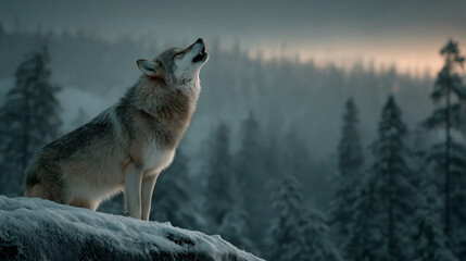 Obraz premium Wolf howling on snowy ridge under full moon, northern lights shimmering above, dark mystical ambiance