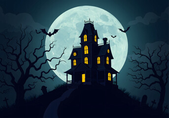 Spooky Haunted House on a Hill Vector