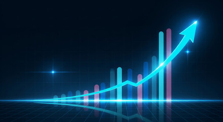 Abstract digital bar chart with glowing blue arrow pointing upwards showing financial growth and positive market trend with dark background PNG cutout transparent background isolate