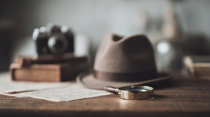 Detective items on table: hat, magnifying glass, camera, clues in focus, mystery in still life.