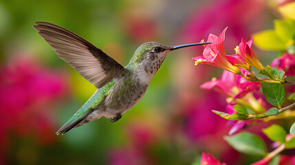 Hummingbird mid-flight drinking from flower, frozen wings, extreme clarity, colorful tropical backdrop
