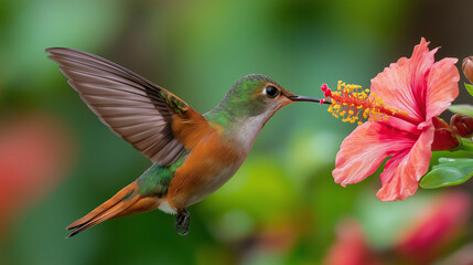 Hummingbird mid-flight drinking from flower, frozen wings, extreme clarity, colorful tropical backdrop