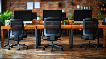 Row of office chairs and desks, modern interior