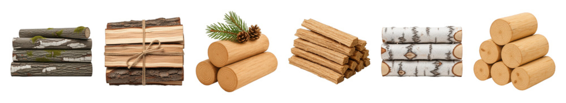 Wood set including logs, split firewood, birch, oak, and kindling elements isolated. Natural resources and heating collection.