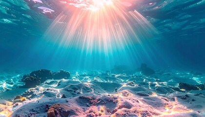 Underwater sunlight beams on coral